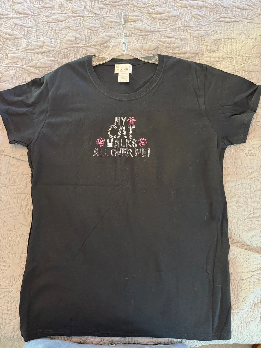 Gildan Black Tee with Pink Rhinestone Paw Design XL